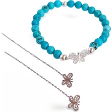 Gümüş Firuze Turkuaz Doğal Taşlı Bileklik Kelebek Zincir Küpe Çoklu Kombin