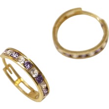 Genel 17.2mm Lila Taşlı Su Yolu Halka Küpe 14 Ayar Altın Hd Videolu