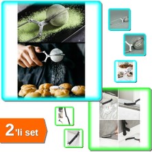 Hereveoyuncak Paslanmaz Çelik Pudra Eleği Çay Demleme Süzgeci + Ince Kıl Kavisli Detay Temizlik Fırçası - 2li Set