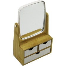 3 Çekmeceli Bambu Ahşap STANDLI=9X9.5X18X21.5CM Makyaj AYNASI=15X18CM Takılık 2+1 Organizer (4887)