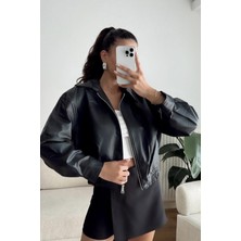 Prifaldi Premium Pb Oversize Bomber Belden Lastikli Deri Ceket Siyah