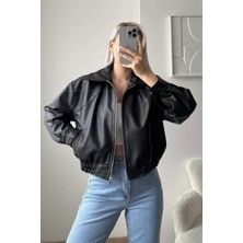 Prifaldi Premium Zr Oversiz Bomber Belden Lastikli Deri Ceket Siyah