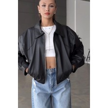 Prifaldi Belize Oversize Bomber Belden Lastikli Deri Ceket Siyah