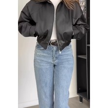 Prifaldi London Oversize Bomber Belden Lastikli Deri Ceket Siyah