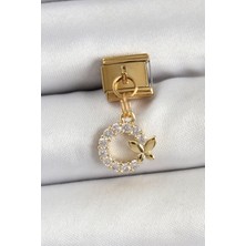 Dktt 316L Çelik Sallantılı Zirkon Taşlı Kelebek Detaylı Halka Model Gold Renk Nomination Charm - TJ-BC1440