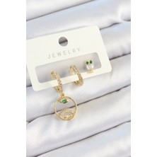 Dktt Pirinç Zirkon Taşlı Göz Ve Baykuş Model Gold Renk 3'lü Çift Kadın Küpe Set - TJ-BKP10831