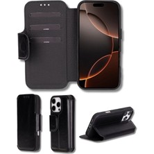 Ronanna Buğz Apple iPhone 16 Pro Uyumlu, Hakiki Deri, El Yapımı, Cüzdanlı Kılıf, Parlak Siyah