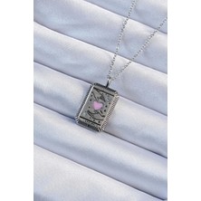 Bfs 316L Çelik Zincir Eskitme Gümüş Renk Pembe Mineli Kalp Figürlü Tarot Kolye