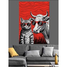Artmeg Kızgın Boğa ve Kedi Kırmızı Sanat Dekoratif Kanvas - Mdf Ahşap Tablo