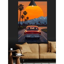 Artmeg Gün Batımı Palmiyeli Yol Kırmızı Araba Dekoratif Kanvas - Mdf Ahşap Tablo