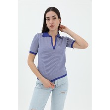 Isawella Ince Çizgili Polo Yaka Triko Kazak - Saksmavisi