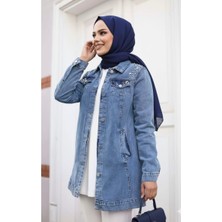 Harma Time Butik Kadın Boncuk Işlemeli Denim Kot Mavi Ceket