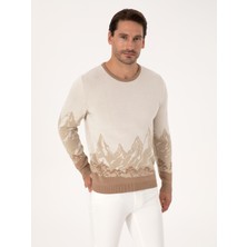Cacharel Erkek Ekru Slim Fit %100 Pamuk Bisiklet Yaka Desenli Triko Kazak 50310562-VR019