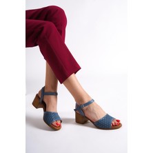 Modabuymus Lita Hakiki Deri Mavi Kalın Topuklu Günlük Sandalet