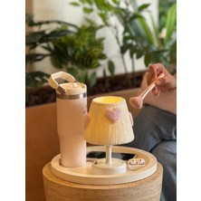 Maison Avf Punch Kadife Pembe Kalp Detaylı Masa Lambası Alt Beyaz Kablosuz Pilli Masa Üstü