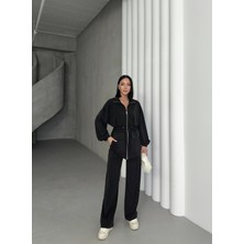 Siyah Kadın Bel Lastik Detaylı Cepli Fermuar Kapamalı Oversize Modal Alt Üst Takım