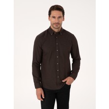 Cacharel Erkek Koyu Kahverengi Slim Fit %100 Pamuk Yakası Düğmeli Flanel Gömlek 50313122-VR084