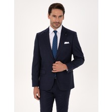 Cacharel Erkek Lacivert Slim Fit Yün Karışımlı Mikro Desenli Klasik Ceket 50310061-VR033