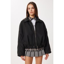 Happiness İstanbul Kemerli Kaşe Bomber Ceket LXA0022 Siyah