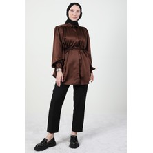 Giza Store Gizli Düğmeli Saten Gömlek Acı Kahve