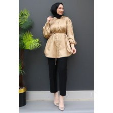 Giza Store Gizli Düğmeli Saten Gömlek Bisküvi