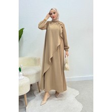 Tesettür Diyarı Krep Kumaş Yakası Inci Detaylı Levanur Elbise- Vizon