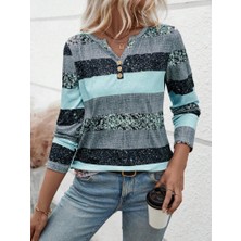 Gökyüzü Moda Kadın Uzun Kollu Yakadan Düğmeli Çizgili Desenli Süprem Bluz