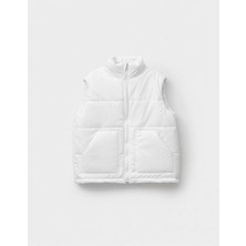 Magu Unisex Çocuk Pamuklu Beyaz Şişme Yelek - Fermuarlı Cepli Kapitone Model