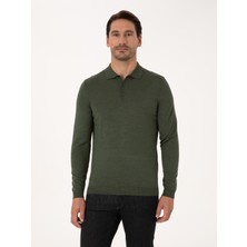 Cacharel Erkek Haki Slim Fit Yün Karışımlı Polo Yaka Basic Triko Kazak 50315267-VR027