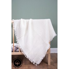 Miniel Unisex Bebek Waffle Kumaş %100 Organik Pamuklu Püsküllü Bebek Battaniyesi Pike 90X110 cm