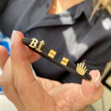 Simurg Jewellery Gümüş Harf ve Kral Tacı Siyah Çelik Bileklik