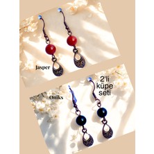 Ayre Style Jasper & Oniks Doğal Taşlı Bohem Damla Sallantılı, Kadın 2'li Küpe Seti, Kırmızı-Siyah