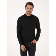 Cacharel Erkek Siyah Slim Fit Yün Karışımlı Çeyrek Balıkçı Yaka Basic Triko Kazak 50318891-VR046