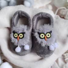 Burcumay Erkek Çocuk Hayvan Figürlü Gri Panduf Kışlık Yumuşak Peluş Ev Kreş Ayakkabısı