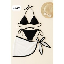 Kadın Siyah Beyaz Pareolu Yandan ve Boyundan Bağlamalı 3'lü Bikini Takımı - Modern, Konforlu ve Günlük Kombinlere Uygun