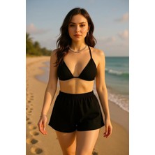 Kadın Siyah Şortlu Belden ve Boyundan Bağlamalı Bikini Takımı - Modern, Konforlu ve Günlük Kombinlere Uygun