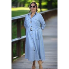 YAĞMURBEREN Yagmur Beren  Boydan Düğmeli Kuşaklı Çift Göğüs Cepli Katlamalı Kol Detaylı Tnsel Kumaş Büyük Beden Elbise