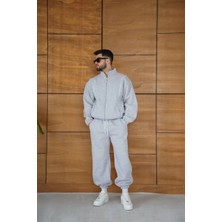 Erkek Premium Parçalı Eşofman Takım - Dik Yaka Fermuarlı Biyeli Sweatshirt Lastik Paça Alt, Oversize 3 Iplik Şardonlu - Gri