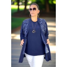 YAĞMURBEREN Yagmur Beren  Ön Kısmı Şeffaf Tül Üzerine Pul Payet Işleme Buzzy Kumaş Şal Yaka Ceket Kısa Kol Tşört Ikili Takım