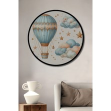 Teona Ahşap Çerçeve Görünümlü Uçan Balon ve Yıldızlar Dekoratif Ahşap Mdf Ev Duvar Tablo Yuvarlak Ev Duvar Tablo