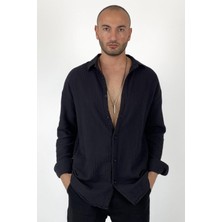 Alışveriş Sokağı Oversize Yazlık Siyah Müslin Kumaş Gömlek