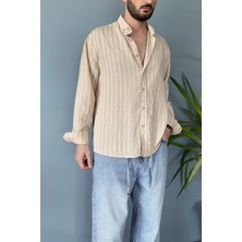 Alışveriş Sokağı Kırışıklı Kumaş Çizgili Vizon Gömlek