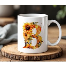 B Harfi Ayçiçek Tasarımlı Beyaz Seramik Baskılı Kupa Bardak