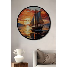 Teona Ahşap Çerçeve Görünümlü Gün Batımında Yelkenli Ahşap Mdf Dekoratif Ev Duvar Tablo Yuvarlak Ev Duvar Tablo