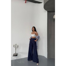 Mareandpanda SALAŞ ÖNDEN YIRTMAÇ DETAYLI BEL KEMERLİ PANTOLON - Lacivert