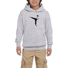 Zepplin Giyim Bruce Lee Kick Deffense Gri Çocuk Kapşonlu Sweatshirt