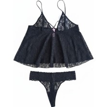 Bonbon Kadın Çapraz Askı Detaylı Siyah Renk  Dantel Baybdoll String 2 li Set BB2054