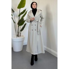 Tesettür Diyarı Arden Kapüşonlu Kuşaklı Tesettür Kaban- Bej
