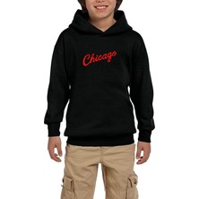 Zepplin Giyim Chicago Yazı Siyah Çocuk Kapşonlu Sweatshirt