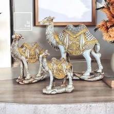 İki Yedi Konsept 3’lü Deve Biblo Seti, Altın Detaylı Dekoratif Deve Figürleri, Ev Ofis Aksesuar, Hediyelik Objeler